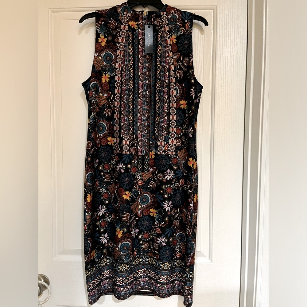 Melissa Paige, knee length, multi-colored dress, High collar, zipper back.